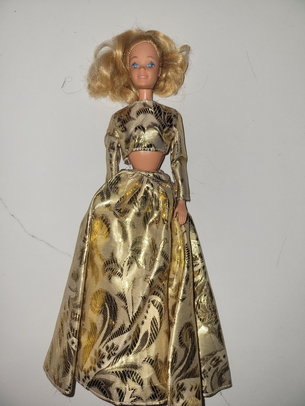 Vintage 1970s Superstar Barbie Doll Blonde Blue Eyes Gold Brocade Gown Outfit